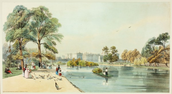 Buckingham Palace from St.James Park, plate eleven from Original Views of London as It Is, 1842.