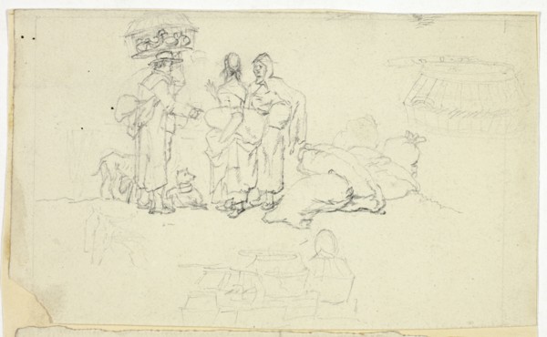 Figures with Market Goods and Three Sketches, n.d.