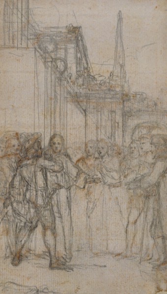 Literary Illustration: Man with Sword Confronting Group of Figures Before Building, n.d.