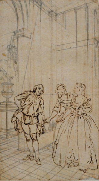 Literary Illustration with Gentleman and Two Ladies in Interior, n.d.