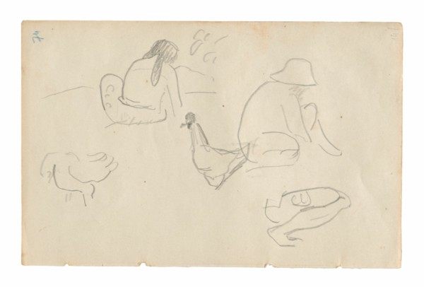 Sketches of Seated Figures and Chickens (recto), Nude Female Torso (related to the painting Te a no areois [The Seed of the Areoi]) (verso), from the Carnet de Tahiti (Tahitian sketchbook), 1891/93.