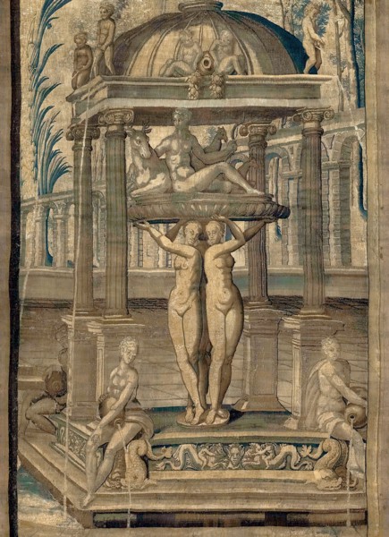 The Petitions (detail), France, 1607/30. Fountain featuring urinating cherubs, the goddess Diana and a a stag. Woven at the Manufacture du Faubourg Saint-Marcel, Paris, after a design by Antoine Caron...