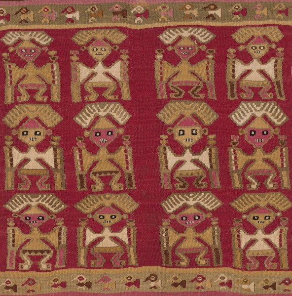 Fragment (Loincloth), Peru, A.D. 1250/1470. Human figure with headdress motif, with birds in border. Detail from a larger artwork.