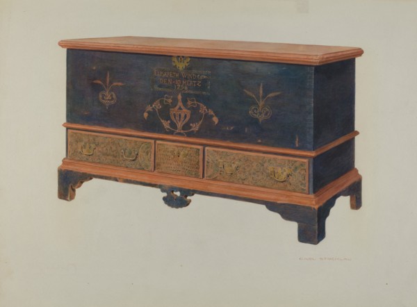 Pa. German Chest, 1939. (Note: Name, Elisabeth Wind..., itinerary ...den to Mertz, dated 1798).