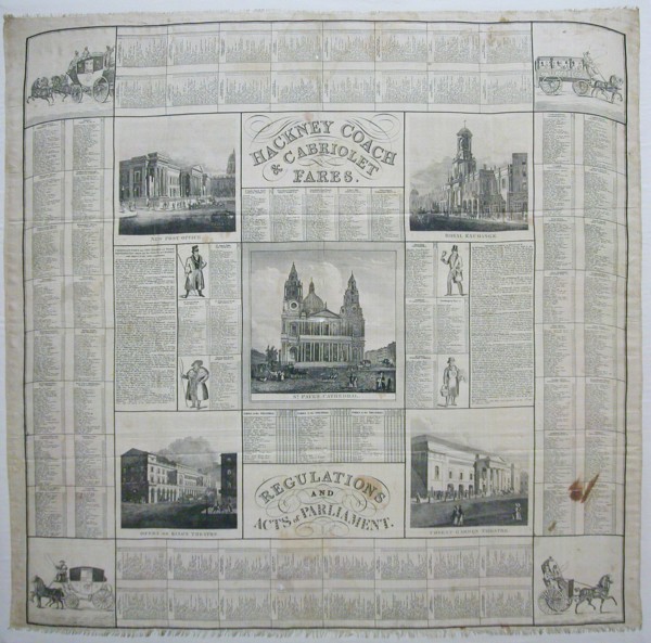 Hackney Coach and Cabriolet Fares/ Regulations and Acts of Parliament (Handkerchief), 1832. Creator: John Leander Bishop.