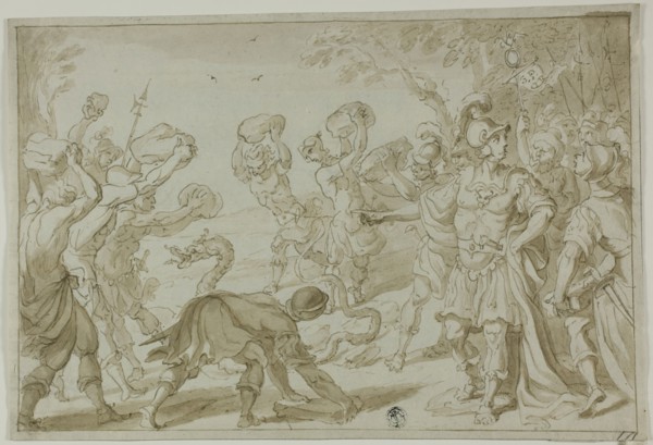 Roman Soldiers Stoning a Serpent, n.d. Creator: Abraham Bloemaert.