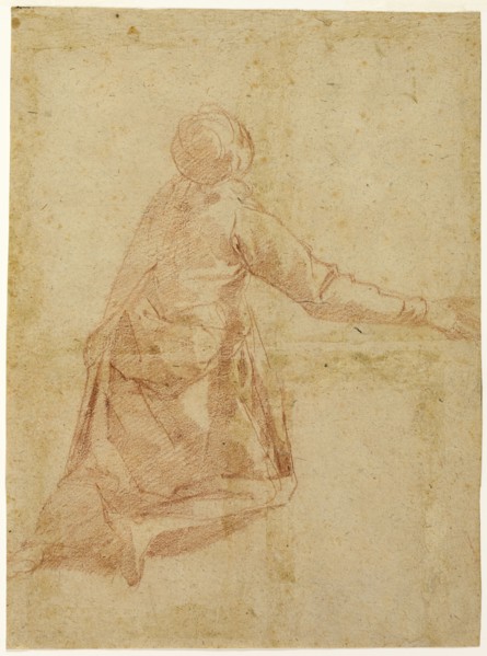 Kneeling Figure from the Back (recto); Three Half-length Studies of Veiled Female Figure..., 1595/16 Creator: Andrea Boscoli.