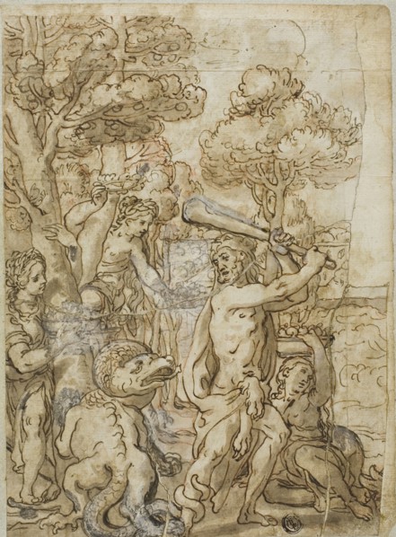 Hercules Slaying the Serpent Ladon in the Garden of the Hesperides, n.d. Creator: Andrea Lilio.
