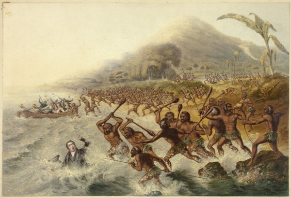 The Massacre of the Lamented Missionary the Rev. J. Williams and Mr. Harris, 1841. Creator: George Baxter.