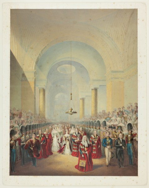 Arrival of Her Most Gracious Majesty at House of Lords to Open First Parliament of her Reign, n.d. Creator: George Baxter.