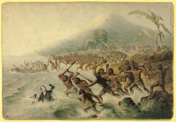The Massacre of the Lamented Missionary, The Rev. J. Williams and Mr Harris, 1841. Creator: George Baxter.