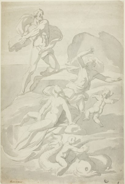 Polyphemus Throwing Boulder at Acis, with Galatea (recto), and Pholyphemus Lifting Boulder (verso). Creator: William Taverner.