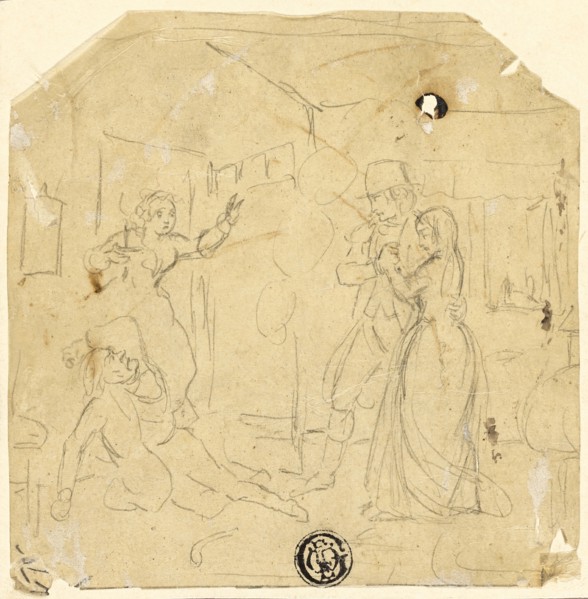 Dramatic Scene with Couple, Older Man, c. 1840. Creator: Joseph Clayton Bentley.