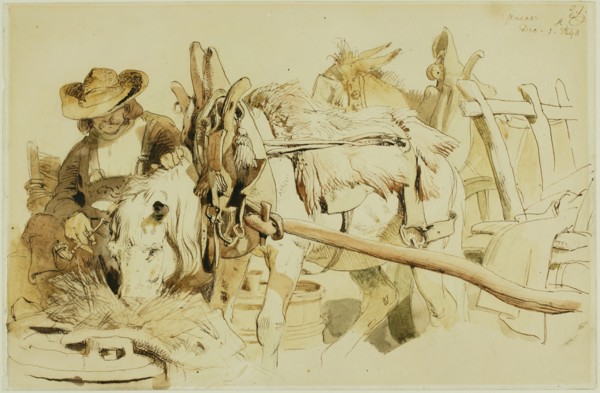 A Farmer Feeding his Pony in Geneva (recto); Seated Friar (verso), 1840 (recto); c. 1840 (verso). Creator: Edwin Henry Landseer.