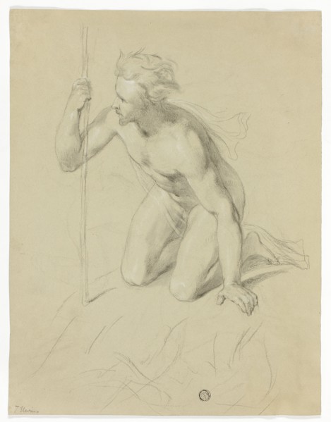 Nude Man Kneeling, Holding Staff (recto); Alpine Panorama (verso), n.d. Creator: Thomas Uwins.
