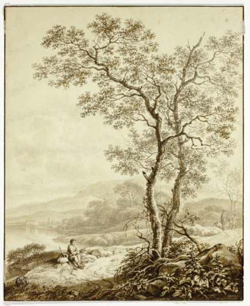 Winding Road Beside Lake, with Large Tree and Resting Traveler in Foreground, n.d. Creator: William Marshall Craig.