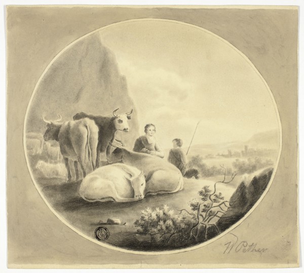Herdsmen, Cows and Sheep in Landscape, n.d. Creator: William Pether.