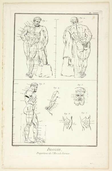 Design: Proportions of the Farnese Hercules, from Encyclopédie, 1762/77. Creator: Benoit-Louis Prevost.