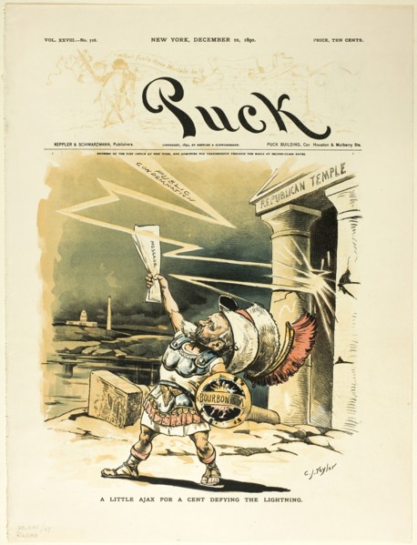 A Little Ajax for a Cent Defying the Lightning, from Puck, published December 10, 1890. Creator: Charles Jay Taylor.