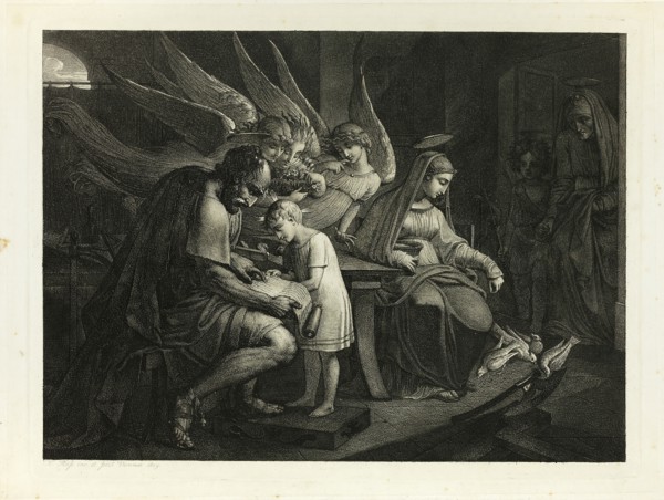 The Holy Family Busy at Home: Joseph Teaches the Boy Jesus to Read. Mary Feeds the Pigeons..., 1809. Creator: Carl Russ.