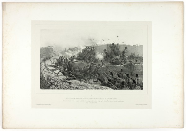 Sortie of the Roman garrison..., from Souvenirs d’Italie: Expédition de Rome, 1854. Creator: Auguste Raffet.