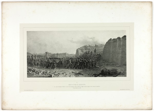 Assault and capture of bastion no. 6, from Souvenirs d’Italie: Expédition de Rome, 1858. Creator: Auguste Raffet.