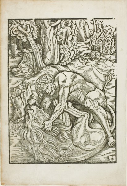 Hercules Strangling the Nemean Lion, from the Labors of Hercules, c. 1528. Creator: Gabriel Salmon.