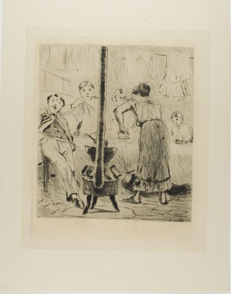 Plate from l'Assommoir (women ironing, man seated before a woodstove), 1879. Creator: Gaston la Touche.