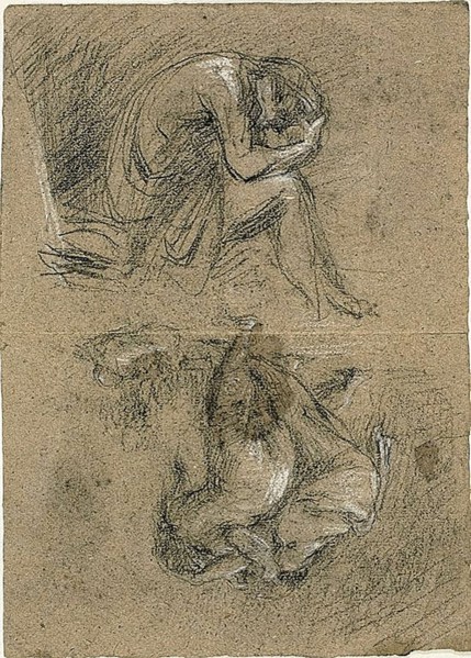 Sketches: Seated Man with Head in Hands and Two Figures Bendin..., 1847/75 (recto); 1863/64 (verso). Creator: Jean-Baptiste Carpeaux.