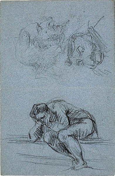 Seated Figure with Head in Hands and Two Caricatures (recto); Four Figures in a Lunet..., 1847/1875. Creator: Jean-Baptiste Carpeaux.