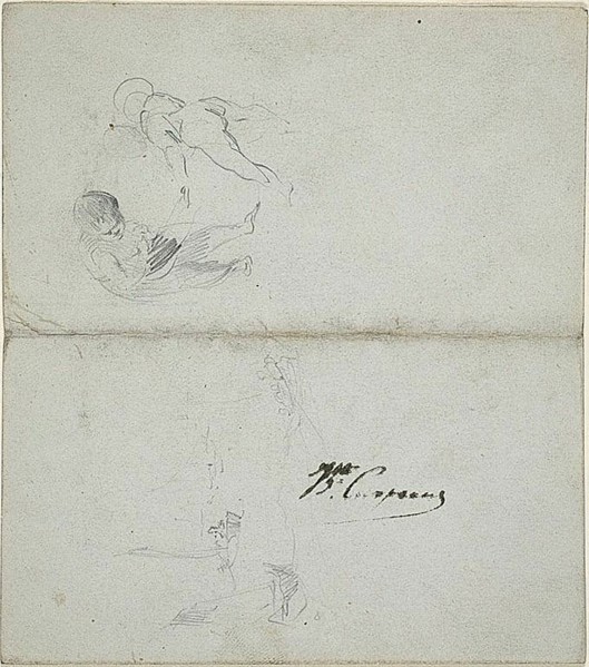 Sketches of Two Children, Boats at Sea (recto); Sketches of Striding Male Figure Holdin..., 1847/75. Creator: Jean-Baptiste Carpeaux.