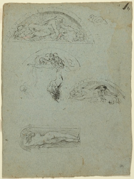 Standing Figure in a Niche and Studies for the Ugolino Group (recto); Red-Robed Prelate..., 1857/58. Creator: Jean-Baptiste Carpeaux.