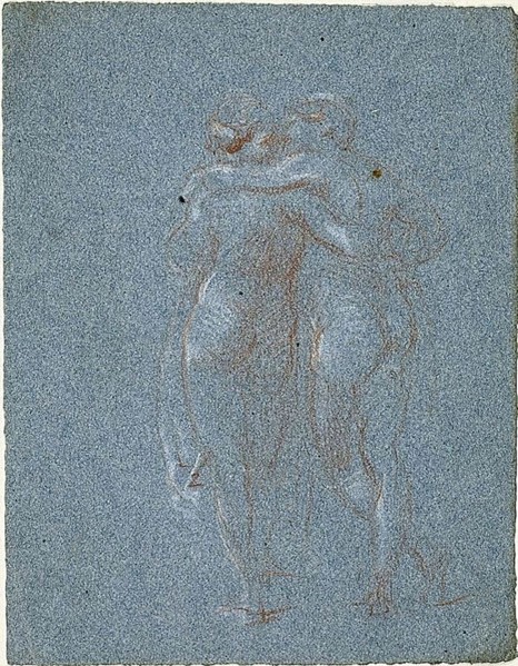 Two Standing Figures, Embracing (recto); Man with Scythe and Sketches of Buildings (verso), 1847/75. Creator: Jean-Baptiste Carpeaux.