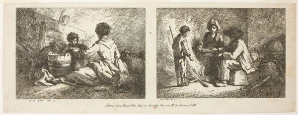 Children with a Dog and Sheep and Peasant Family by a Fire, n.d. Creator: Jean Baptiste Marie Huet.
