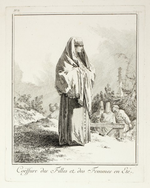 Headdress for Girls and Women in summer, plate three from Divers Habillements des Peuples ..., 1765. Creator: Jean Baptiste Le Prince.