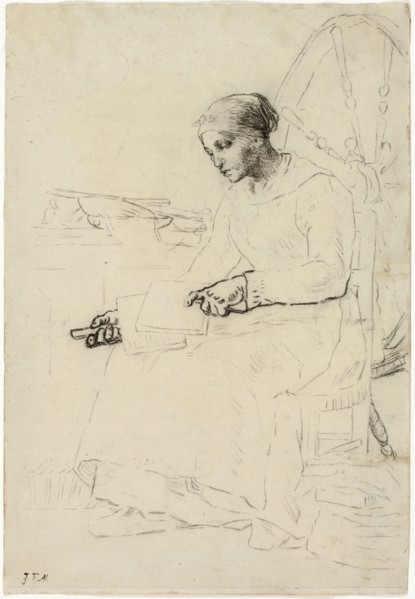 The Wool Carder (recto); Fragmentary Sketch of Man Standing by Fence (verso), 1857/58. Creator: Jean Francois Millet.