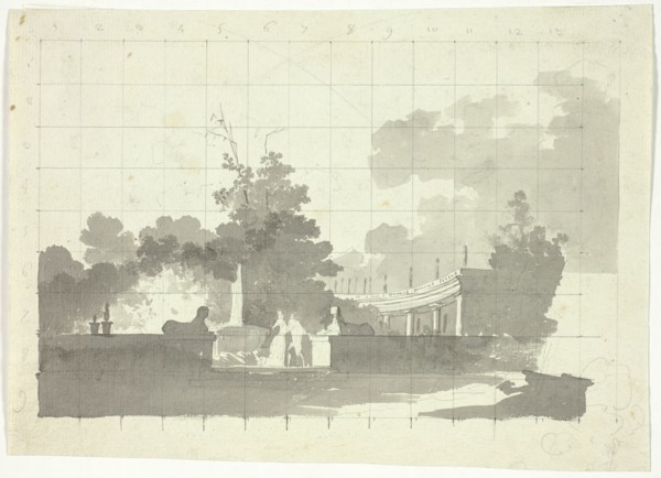 View of the Park at Versailles: Two Sphinxes and a Couple Near a Colonnade, n.d. Creator: Pierre Antoine Mongin.