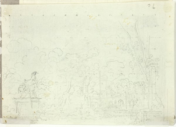 View of the Park at Versailles: Equestrian Statue Among Trees, n.d. Creator: Pierre Antoine Mongin.