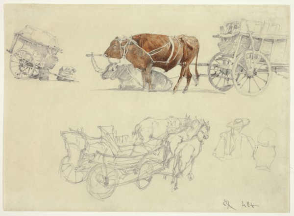 Studies of Slovakian Peasant Wagons with Oxen and Horses, n.d. Creator: Rudolf von Alt.
