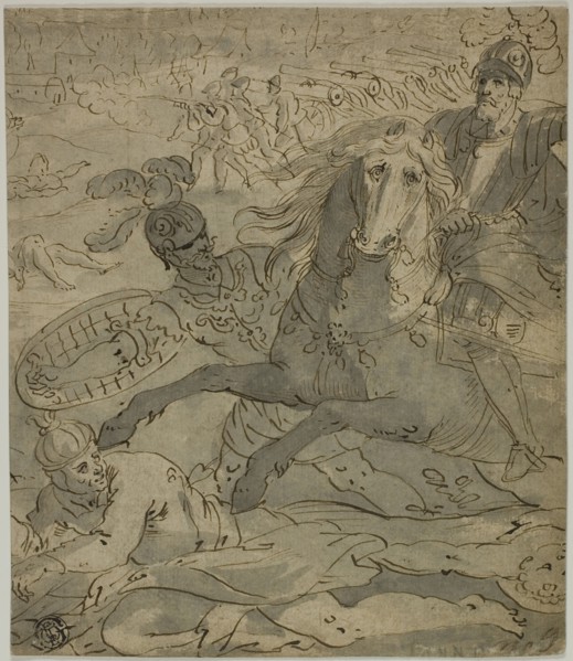 Battle Scene with Charging General on Horseback in Foreground, Artillery and Cannons in Ba..., n.d. Creator: Unknown.