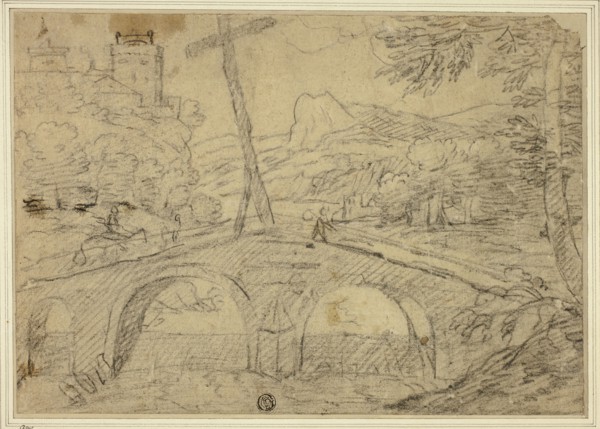 Landscape with Bridge (with Cross) over Gorge, with Mountains and Castle in Distance, n.d. Creator: Unknown.