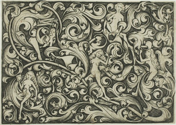 Ornament with Women Fighting, c. 1460. Creator: Master ES.