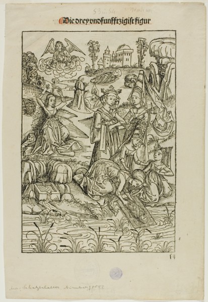 Moses Found by Pharaoh's Daughter (recto) and Judas's Betrayal (verso), pages 53..., 1491. Creator: Michael Wolgemut.