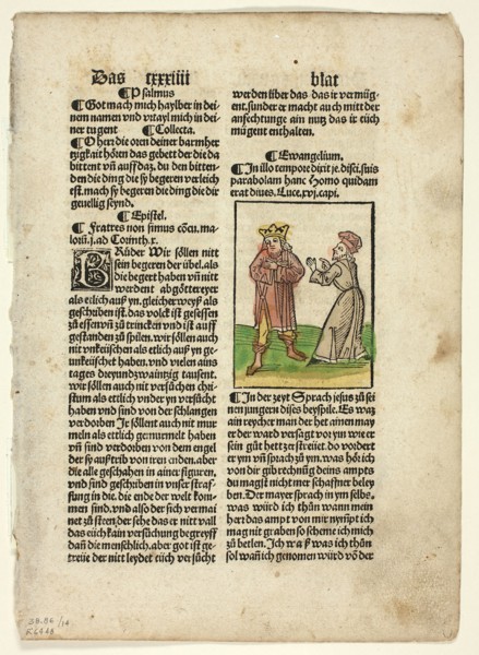 The Parable of the Unjust Steward from Plenarium, Plate 14 from Woodcuts from Books..., 1929. Creators: Unknown, Johann Schönsperger the Elder, Wilhelm Ludwig Schreiber.