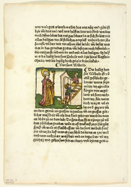 Saint Wilbolt from Heiligenleben, Winterteil (Lives of the Saints Wintertime), Plate 3..., 1929. Creators: Unknown, Johannes Baemler, Jacobus de Voragine, Wilhelm Ludwig Schreiber.