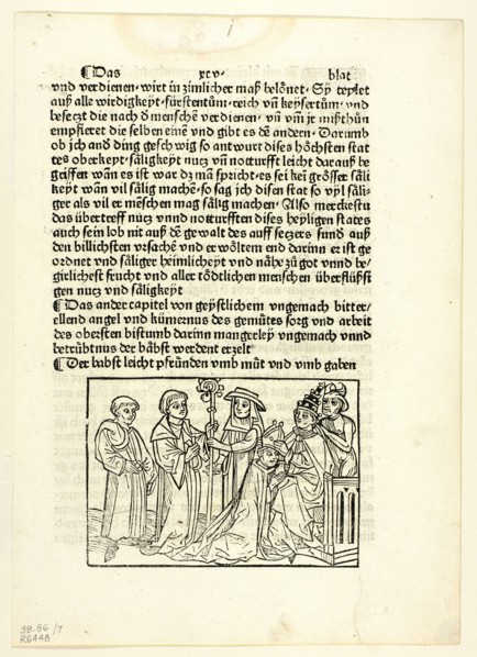 A Pope Installing a Bishop from Speculu humane vite (Mirror of Human Life), Plate 7..., 1929. Creators: Unknown, Peter Berger, Rodrigo Sánchez de Arévalo, Wilhelm Ludwig Schreiber.