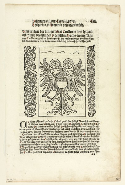 Holy Roman Empire Coat of Arms with Cologne Coat of Arms from Koelner Chronik..., 1929. Creators: Unknown, Johann Koelhoff the Younger, Wilhelm Ludwig Schreiber.