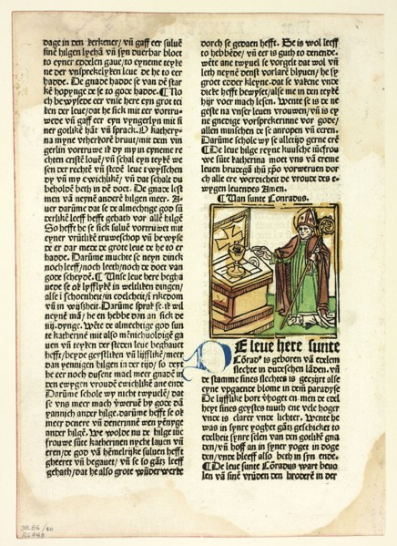 Saint Conrad from Der Heiligen Leben, Winterteil (Lives of the Saints..., 1487...assembled 1929. Creators: Unknown, Simon Koch, Jacobus de Voragine, Wilhelm Ludwig Schreiber.