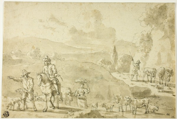 Cows, Sheep, Goats Being Herded, Herdsman Giving Directions to Traveler on Horseback, n.d. Creator: Abraham Jansz Begeyn.