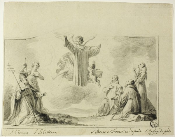 Saints Clement, Sebastian, Bruno, Francis of Paula, Anthony of Padua Worshipping..., n.d. Creator: Crispijn de Passe.